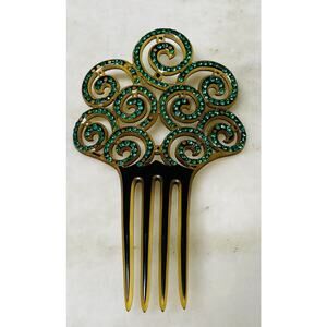 Antique Ornate Celluloid Hair Comb Green Rhinestones Art Nouveau